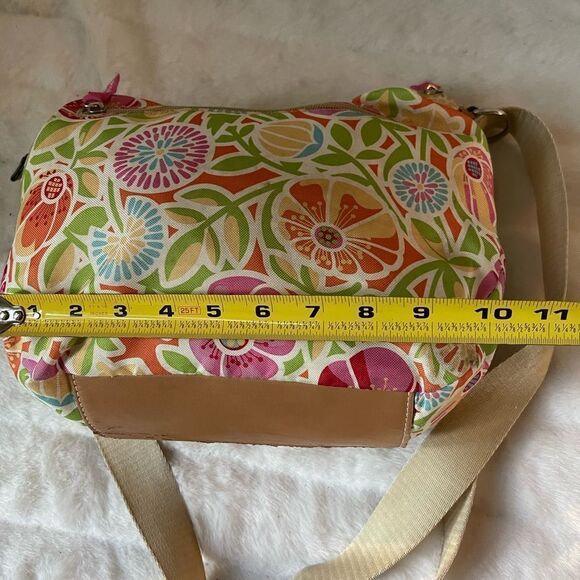 Lily Bloom multi color pastel fabric crossbody bag with tan faux leather trims - Picture 9 of 15